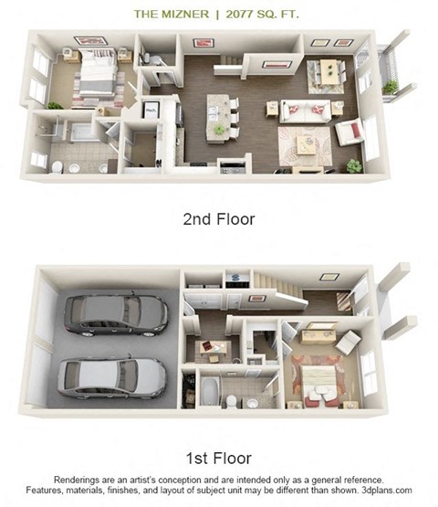 Floor plan for 2 beds, 2.5 baths, 2077 sqft